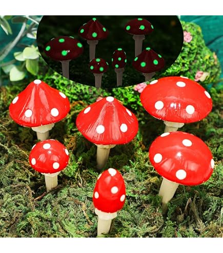 KIKTOP Decoración de hongos, accesorios de jardín de hadas, decoración de patio de primavera al aire libre, 4 estatuas de hongos con estacas (rojo 2 + naranja 2
