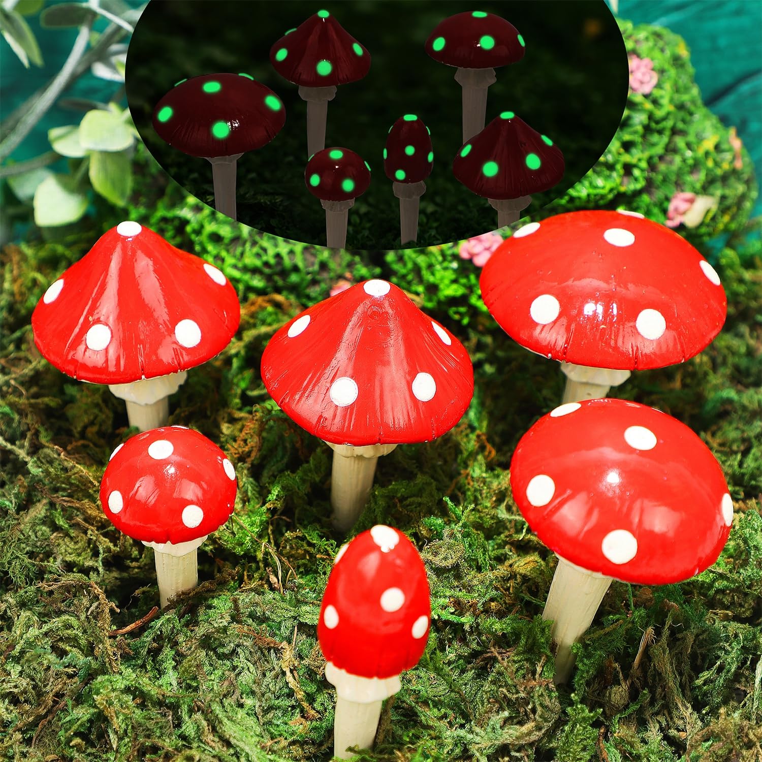 Photo 1 of Juegoal Set of 6 Fairy Garden Miniature Mushrooms Statues, Glow in Dark Mini Red Mushroom Resin Figurines, Outdoor Garden Yard Art Accessories, Fly Agarics Sculpture Lawn Ornament Decorations