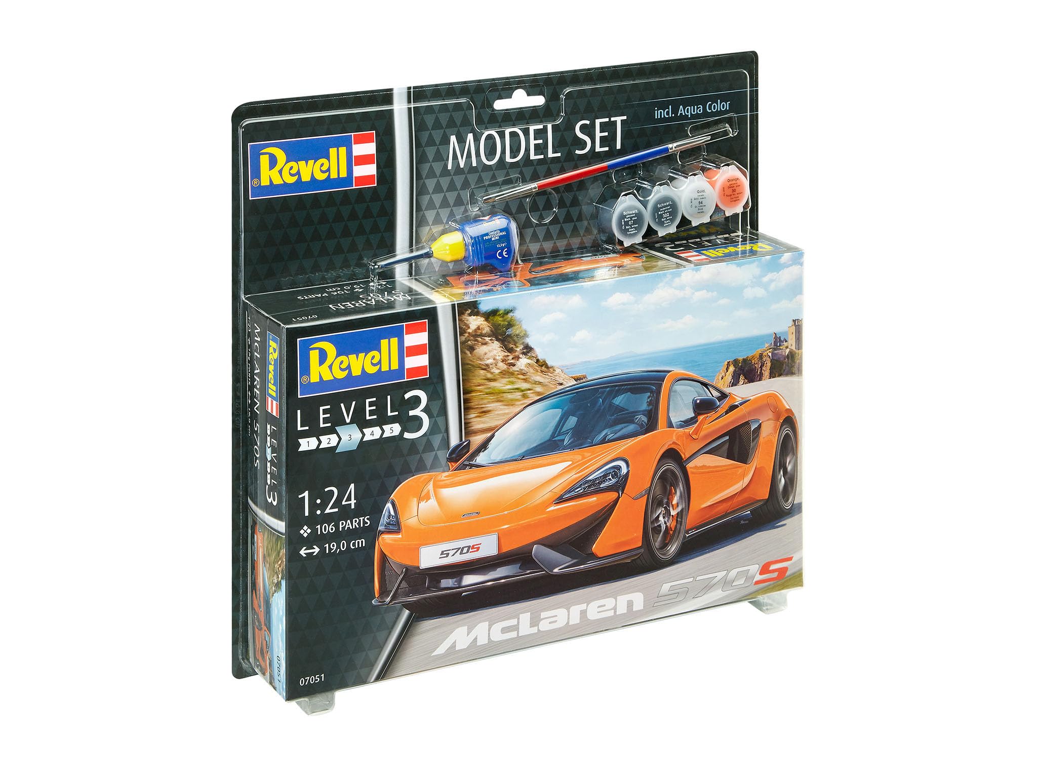Revell Model Set 67051 McLaren 570S 1:24 Scale Unbuilt/Unpainted Plastic Model Kit with Contacta Professional Glue, Paintbrush & Selected Aqua Color Paints