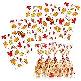 Kesote 100 Pieces Fall Thanksgiving Cellophane Treat Bags, Clear Pumpkin Maple Leaf Goodie Candy Treat Bags Bulk with Twist Ties for Thanksgiving Autumn Fall Party Favor Supplies