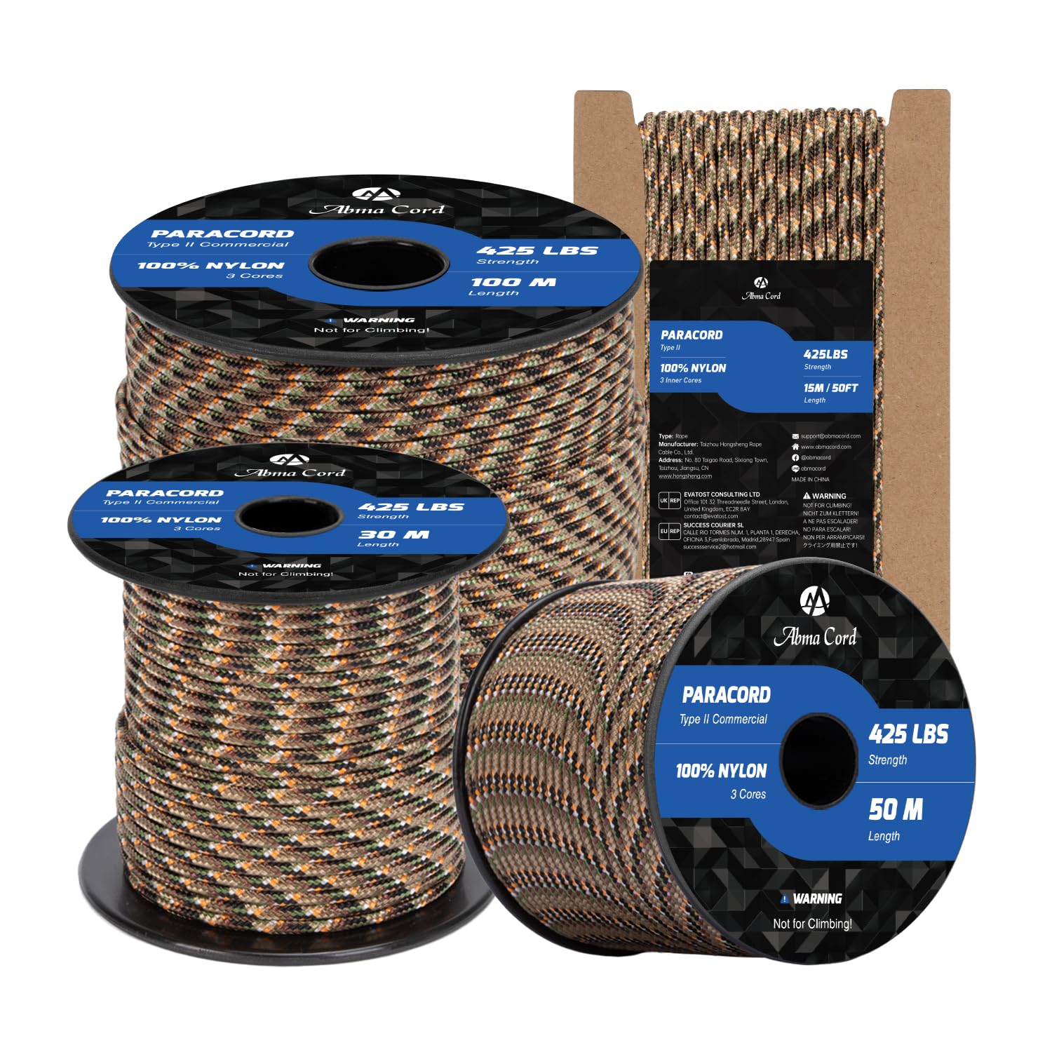 Abma Cord Paracord 3mm 50m 100% Nylon Rope Type II 3 Strands Parachute Cord - Max. 192kg (425lbs) - Hidden Camo