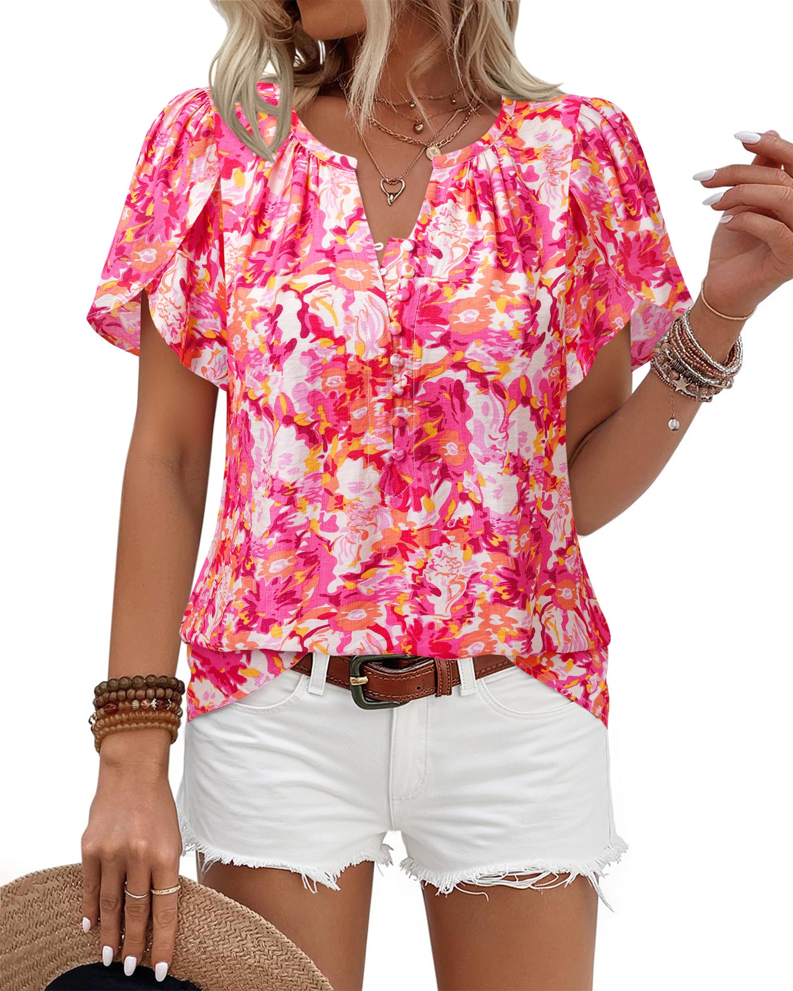 Timeson Womens Summer Tops: Boho Floral — Short Sleeve Shirts for Women ...