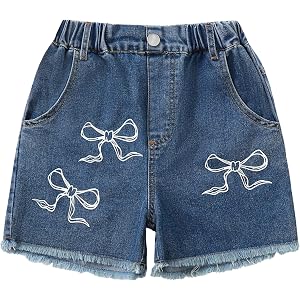 Hilinker Girls Jean Shorts Graphic Raw Hem Elastic Waist Summer Cute Denim Shorts with Pockets