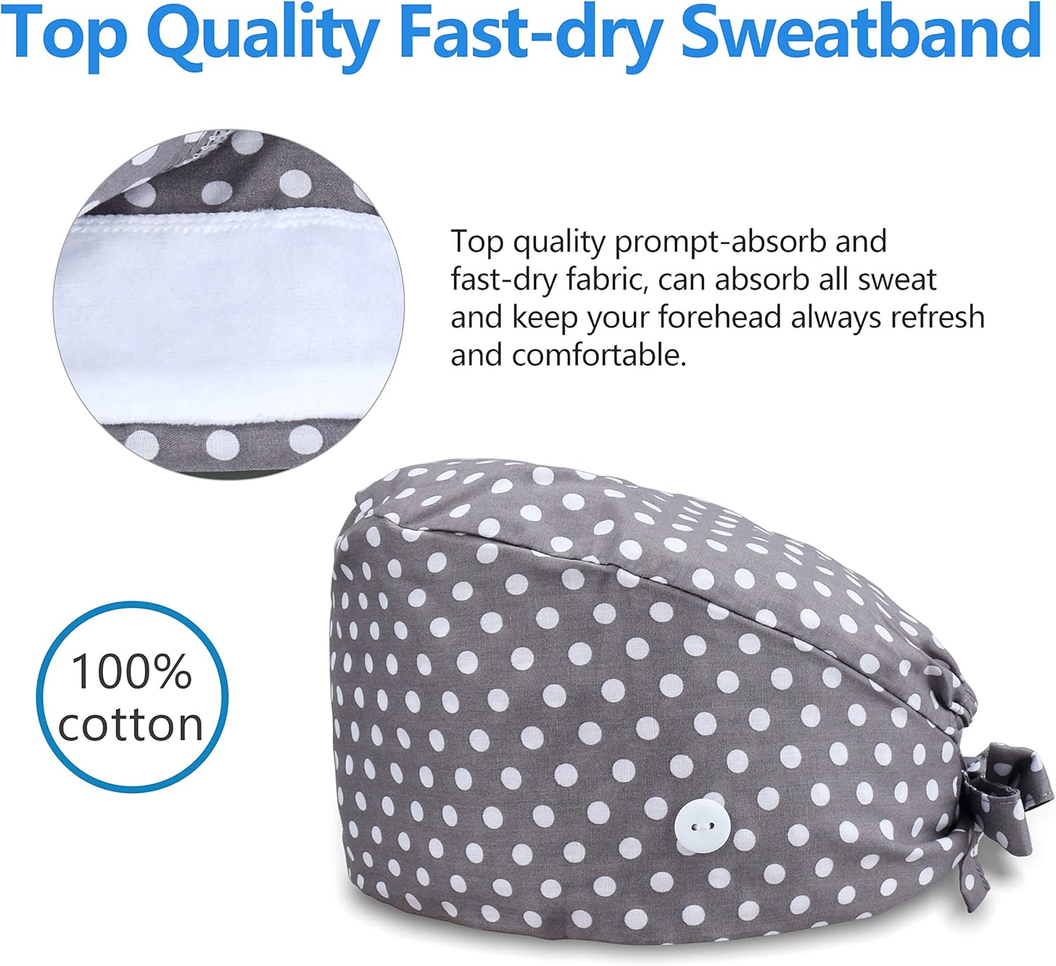 QBA Adjustable Working Cap with Button, Cotton Working Hat Sweatband, Elastic Bandage Tie Back Hats for Women & Men, One Size (Gray Dot) at  Men’s Clothing store