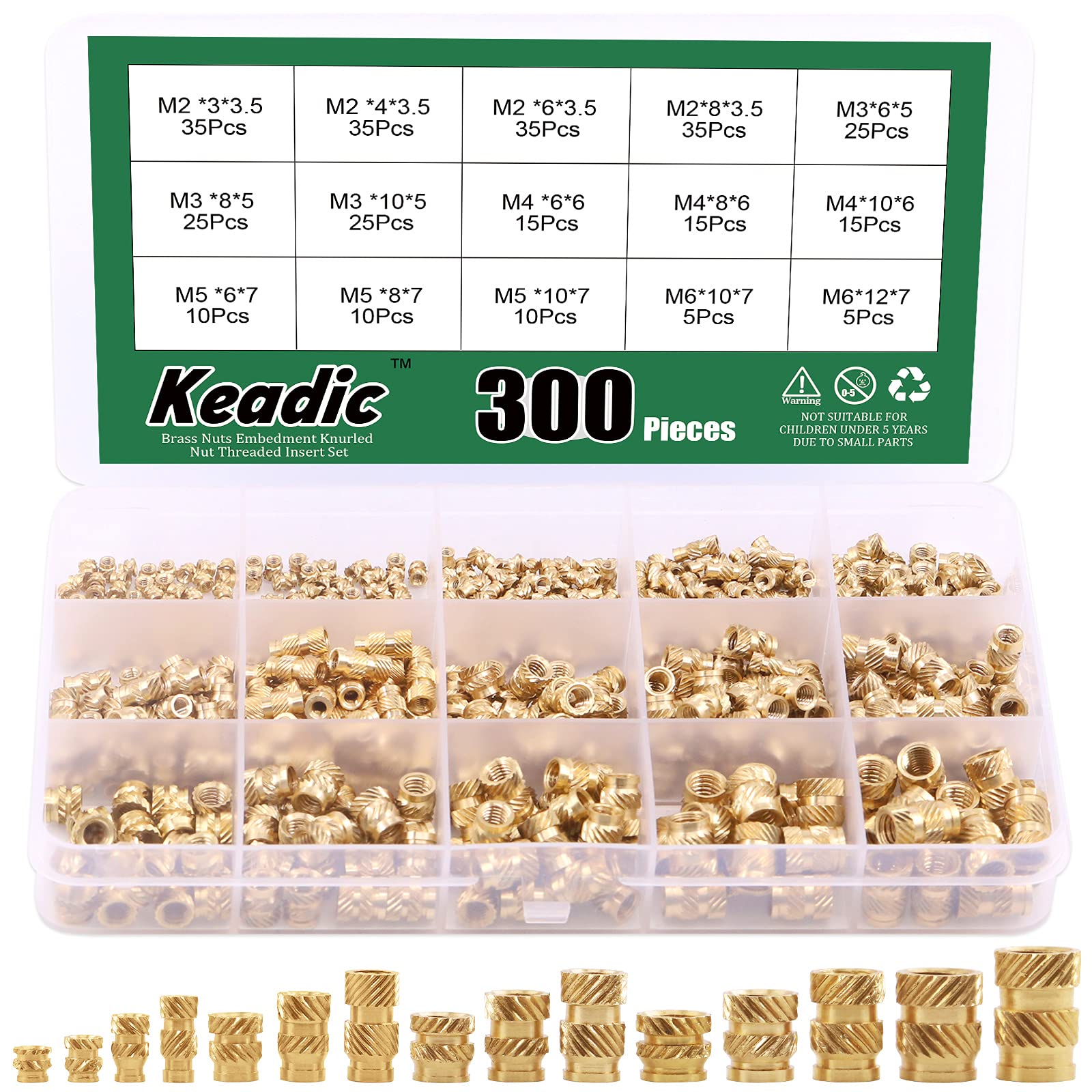Keadic 300 Pcs M2 M3 M4 M5 M6 Brass Embedment Nut Assortment Kit, Female Thread Brass Knurled Nuts Threaded Heat Set for Fastening Fixing Injection Molding and Printing 3D Printer