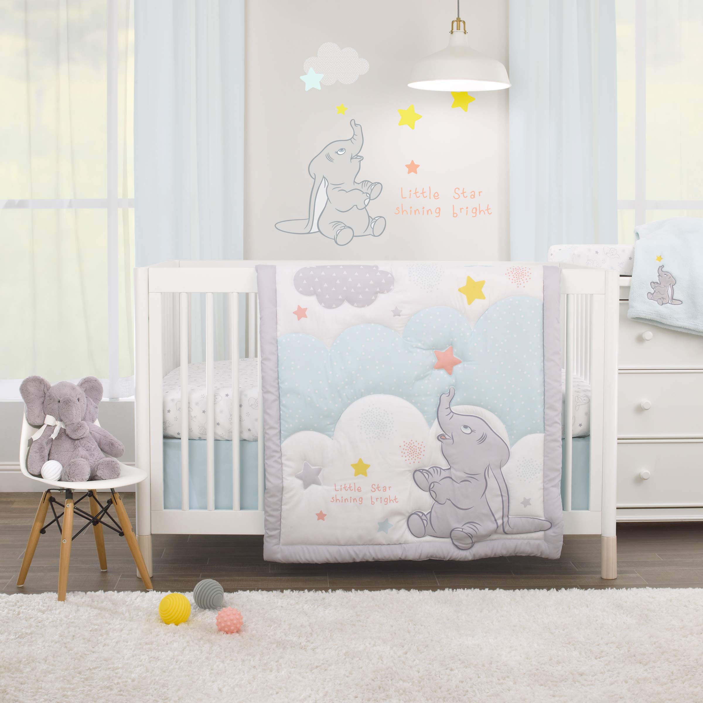 Photo 1 of **NOT IN ORIGINAL PACKAGE**Disney Dumbo - Shine Bright Little Star Aqua, Grey, Yellow & Orange 3Piece Nursery Crib Bedding Set - Comforter, Fitted Crib Sheet, Dust Ruffle, Aqua, Grey, Yellow, Orange