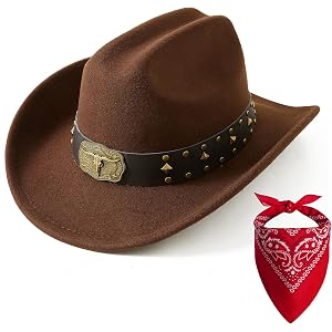Lanzom Kids Cowboy Hat for Boys Girls Western Cowgirl Hat with Buckle Belt Unisex Wide Brim Fedora Hat with Red Bandanas