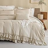 QSH Wheat Comforter King Size for Bed, Shabby Ruffle Chic Bedding Comforter Set, 3 Pices Farmhouse Vintage Bedding Sets, All Season Ultra Soft Lightweight Microfiber Fluffy Comforter