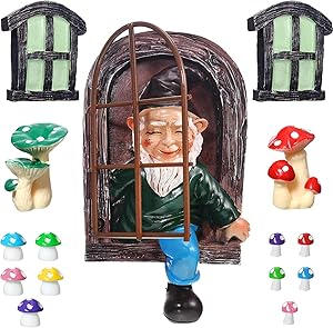 Jetec Gardening Gnome Statue Elf Out The Door Tree Hugger Resin Mushroom Miniature Gnome Home Window Figurine for Trees Yard Garden Sculpture Decoration Supplies
