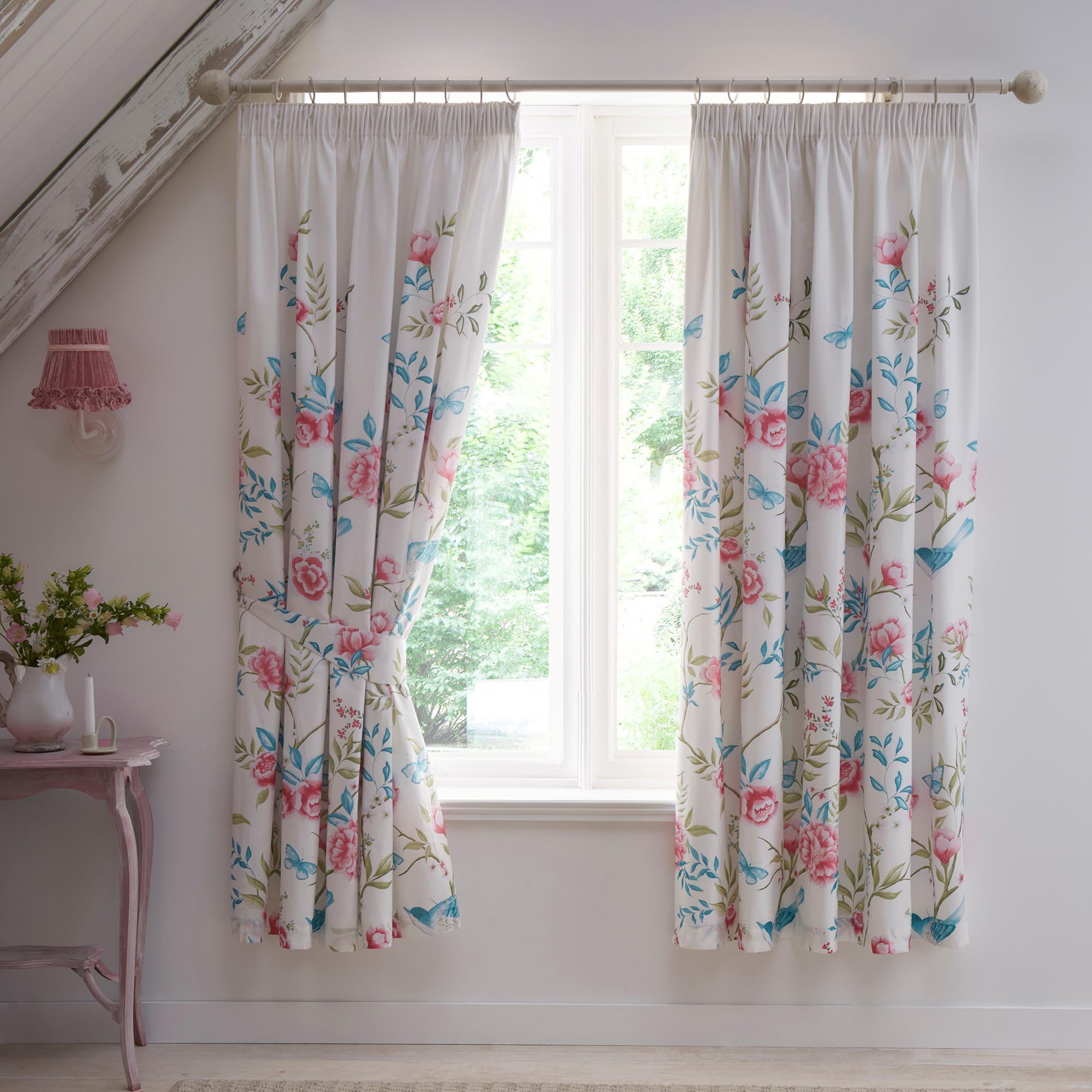 Dreams & Drapes - Garden Floral Curtains W66 x L72" (168 x 183cm) - 2x Panels - Pencil Pleat - Blue/Pink Floral Curtains & Tiebacks