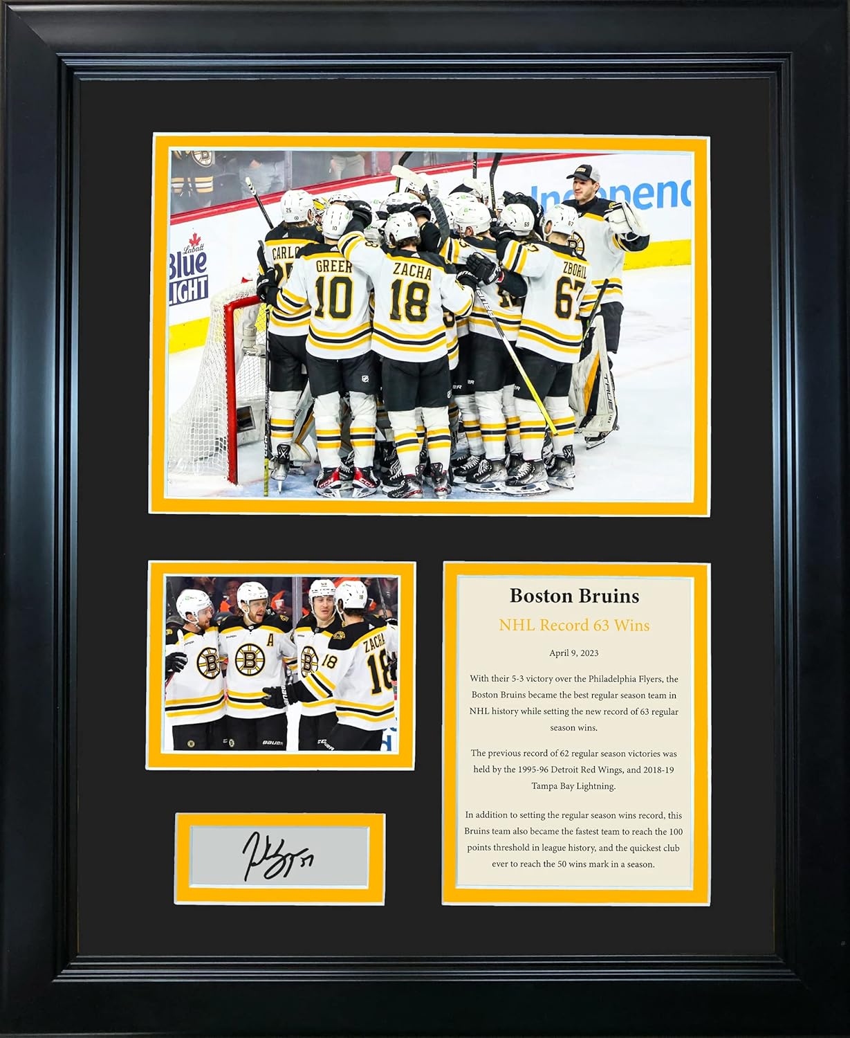 Photographs - Framed Boston Bruins 2023 Regular Season 63 Wins Record Patrice Bergeron Facsimile Laser Engraved Signature Auto 12