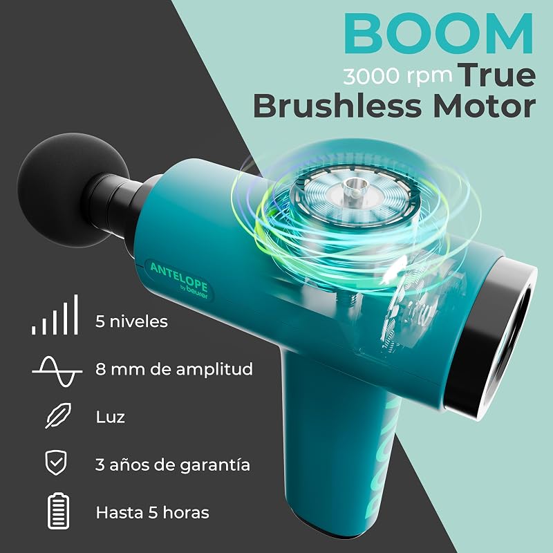 Antelope BOOM Arma de Massagem Muscular, Pistola de Massagem Compacta com 4 acessórios, para relaxamento e regeneração, massagem poderosa nos pontos gatilho, 5 níveis de intensidade e bateria