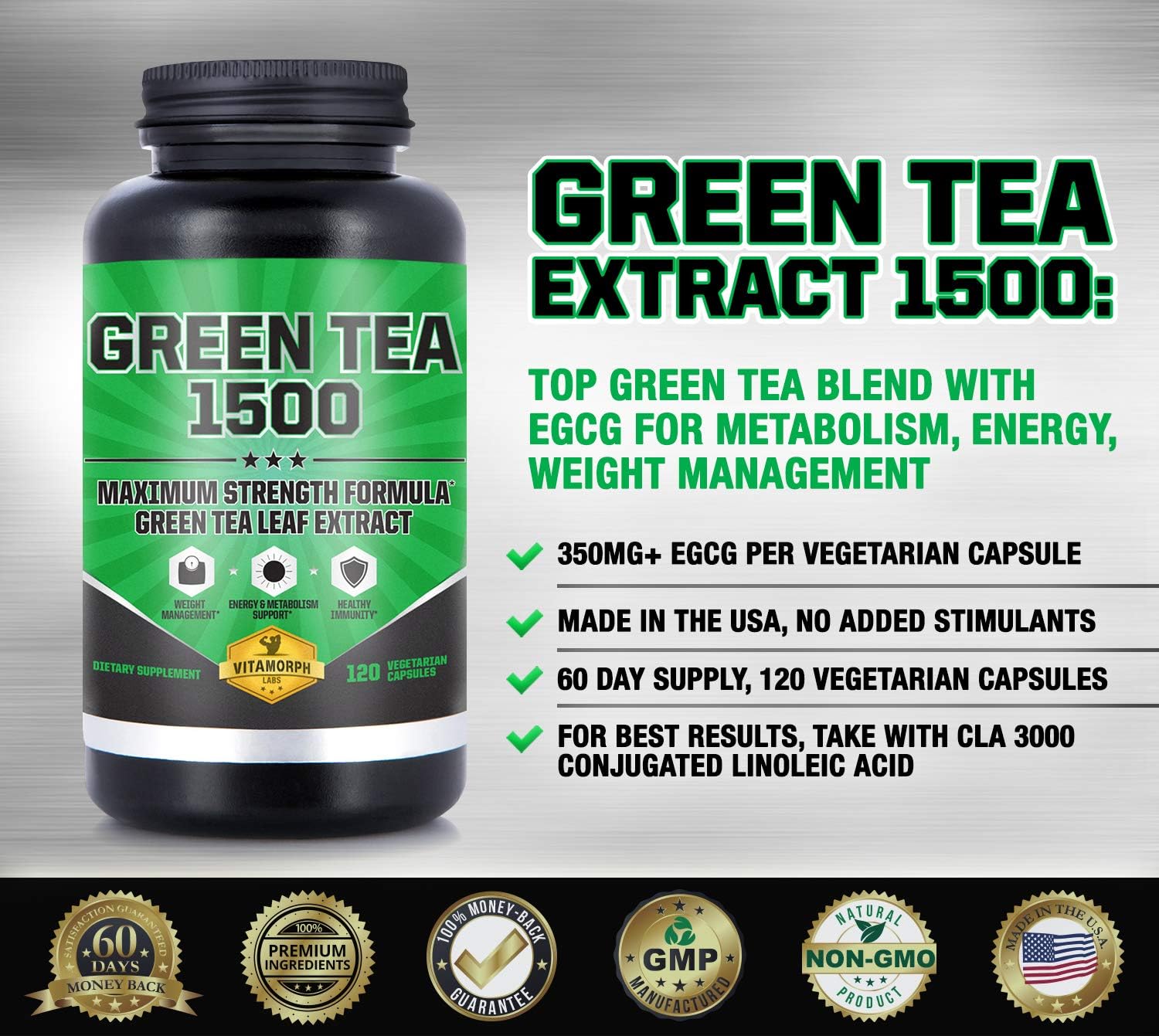 Green Tea 1500 - Egcg Green Tea Extract Supplement, Maximum Strength Egcg Green Tea Extract Capsules for a Metabolism Boost and Daily Energy by Vitamorph Labs - 120 Vegetarian Capsules: Health & Personal Care
