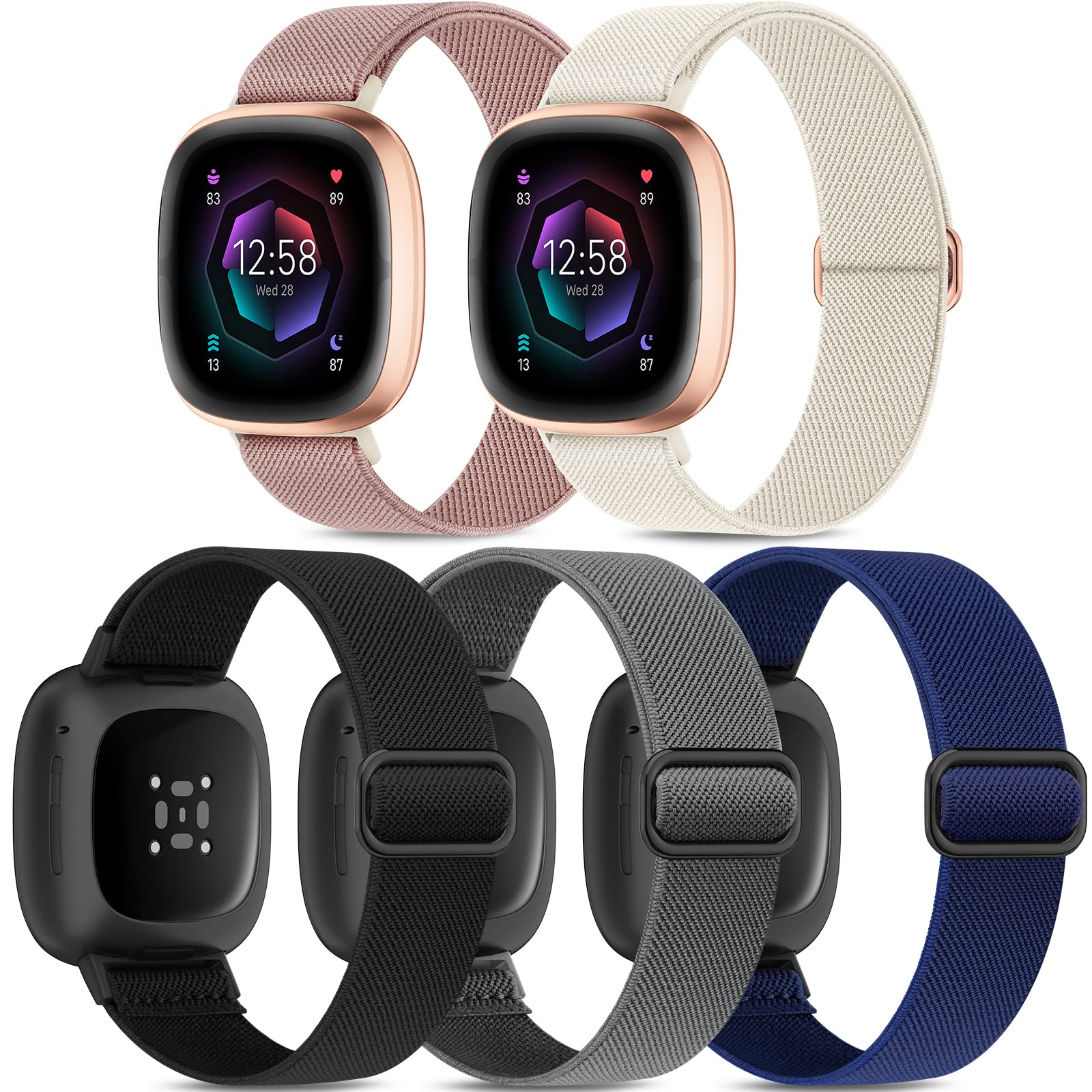 Higgs 5 Pack Straps Compatible with Fitbit Versa 4 Strap/Fitbit Versa 3 Strap/Fitbit Sense 2 Bands for Women Men, Soft Elastic Nylon Sport Replacement Band for Versa 4/Versa 3/Sense,Color 2