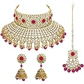Aheli Kundan Pearl Bridal Choker Necklace Earrings with Maang Tikka Gift for Women Indian Traditional Bollywood Fashion Bharatanatyam jewellery set