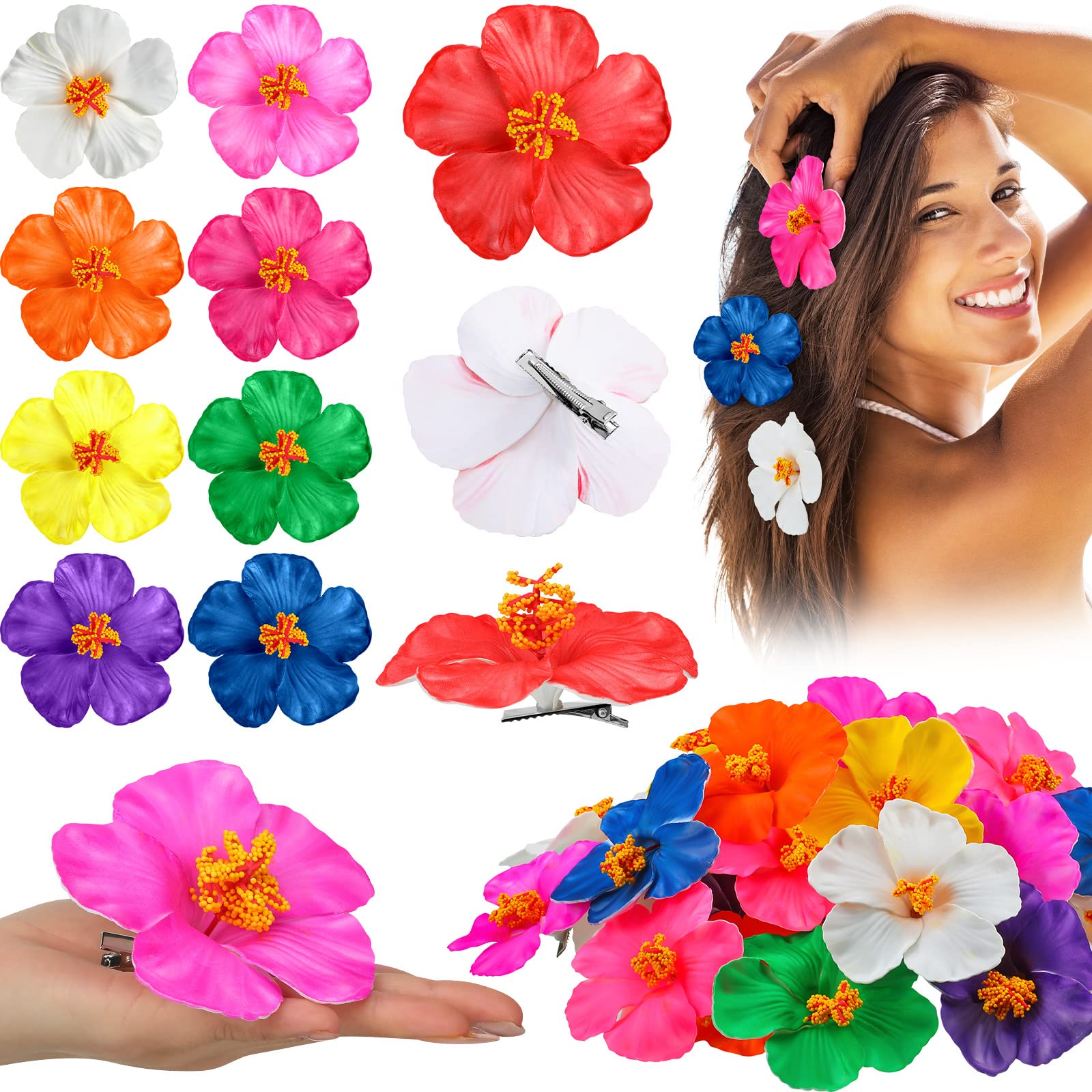 Photo 1 of 45 Pcs Hibiscus Hawaiian Flowers Hair Clips - Bridal Wedding Party Beach Vacation Outfit Decorations, Assorted Colors, 3.15-3.54 Inch