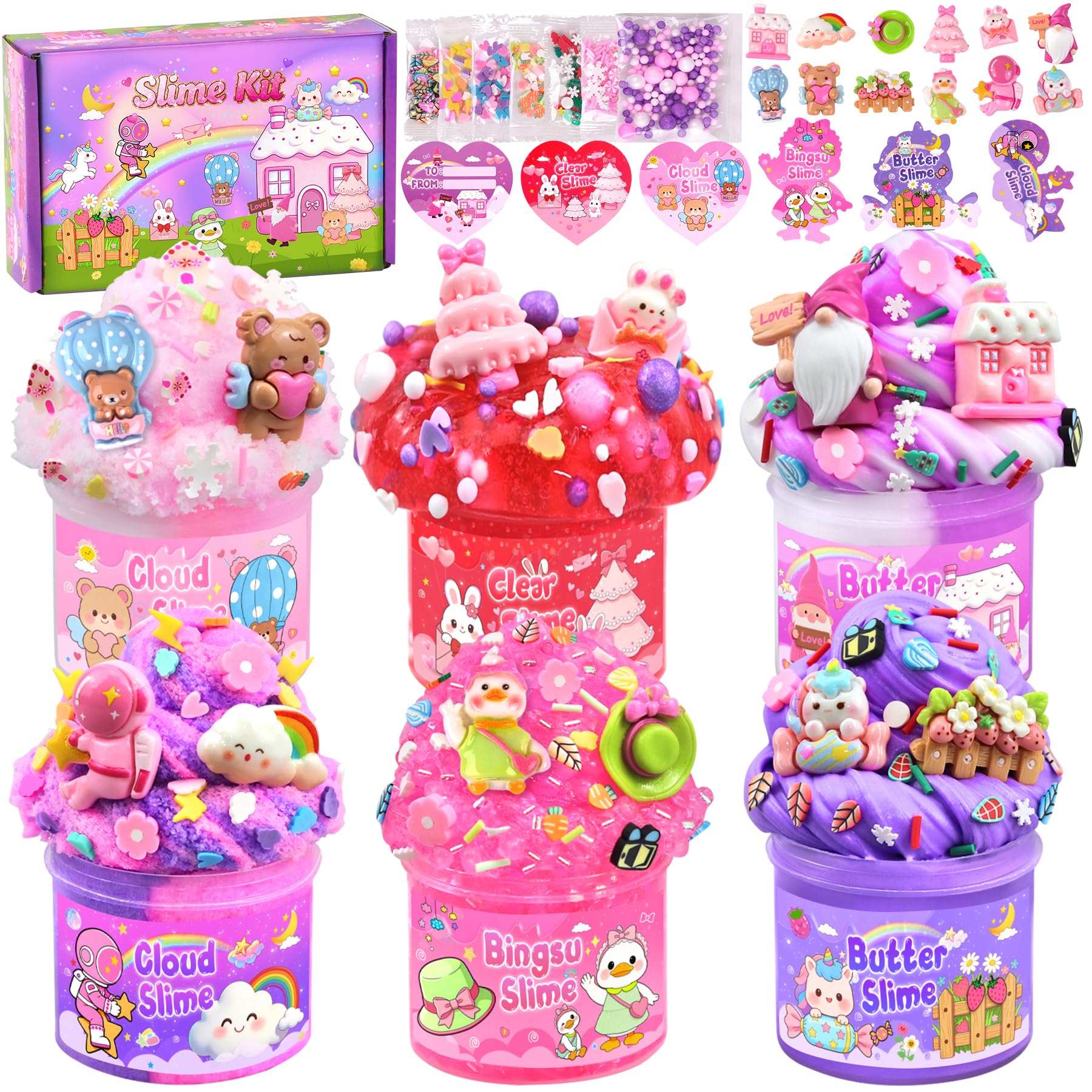 LAWOHO 6 Pack Pink Slimes, Clear Butter Cloud Slime kit for Girls & Boys, Non-Stick Slime for Kids Party Favors Toys with Cute Add-Ins, Birthday Easter Valentines Day Gifts for Kids Slime Making Kit — image 1