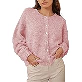 HOWALOOK Women's Round Neck Button Down Long Sleeve Blouse Cardigan Loose Fit Knit Top Crewneck Sweater