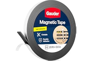 GAUDER Magnetic Tape Strong Self-Adhesive - Cut-to-Length Magnet Strip with High Magnetic Force - Heavy-Duty Adhesive Magnet Tape (20 ft x 0.6 in)