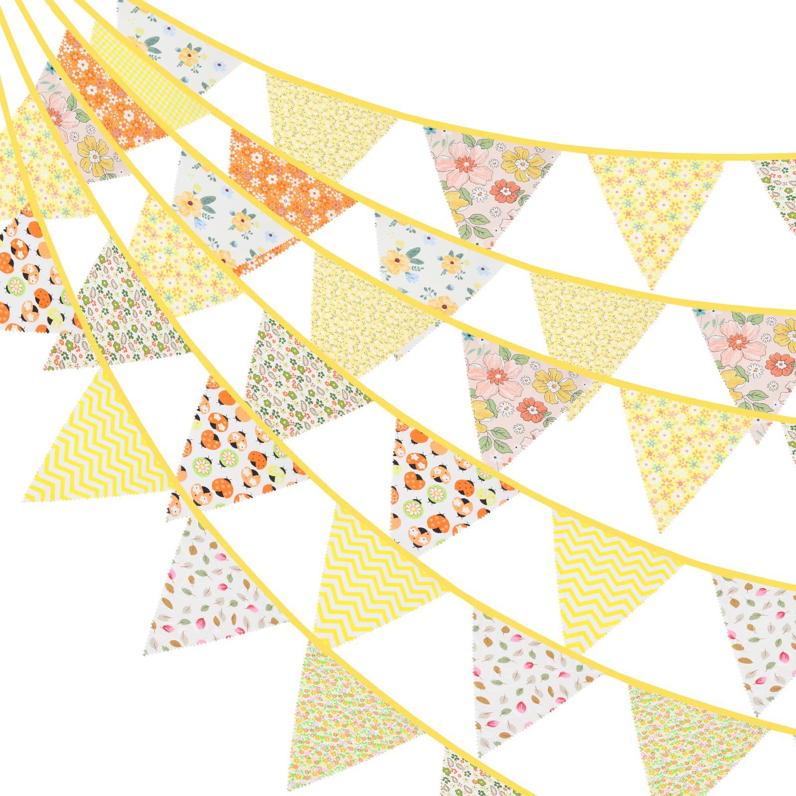 G2PLUS 12M Yellow Floral Bunting, 42PCS Fabric Easter Bunting Garland, 19x21CM Large Reusable Cotton Triangle Banner for Garden Tea Wedding Baby Shower Birthday Parties