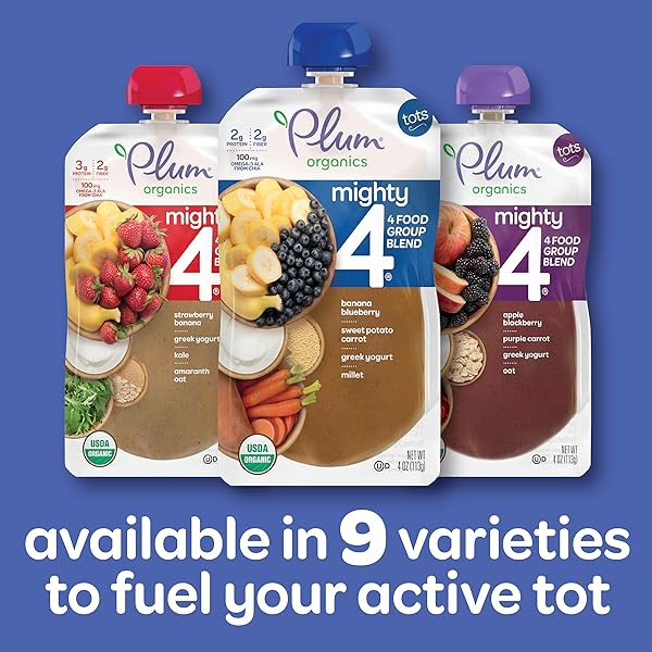 PLUM ORGANICS MIGHTY 4 ORGANIC TODDLER FOOD – BANANA, BLUEBERRY, SWEET POTATO, CARROT, GREEK YOGURT, AND MILLET – 4 OZ POUCH – ORGANIC FRUIT AND VEGETABLE TODDLER FOOD POUCH