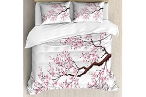 Ambesonne Japanese Duvet Cover Set, Branch of a Flourishing Sakura Tree Flowers Cherry Blossoms Spring Theme Art, Decorative 3 Piece Bedding Set with 2 Pillow Shams, Queen Size, Pink Dark Brown