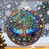 Rngmsi Tree of Life Christmas Ornament, Tree of Life Stained Glass Christmas Decor for Women Grandma, Xmas Idea Gift for Holiday Party Window Tree (3.15 * 3.15 Inches)