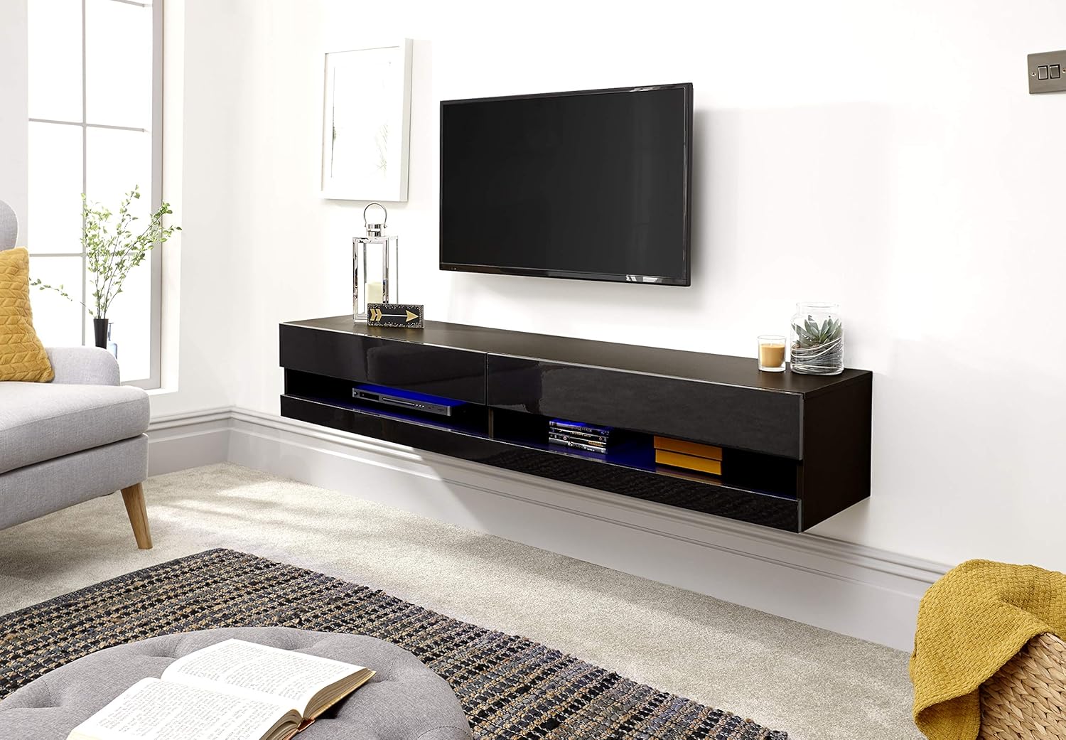 Galicia Wall Mounted Gloss Tv Unit With Led 120 180cm Black Grey Or White 180black