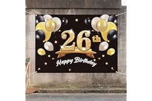 PAKBOOM Happy 26th Birthday Banner Backdrop - 26 Birthday Party Decorations Supplies for Men Him - Black Gold 4 x 6ft