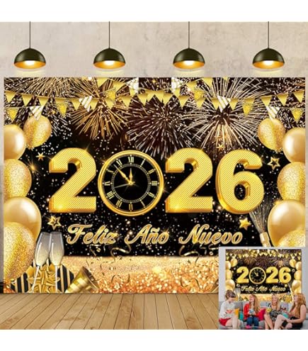 Feliz Ano Nuevo 2026 Banner, Spanish Happy New Years 2026 Decor, New Years Eve Party Supplies 2026, 2026 New Year Decorations, Glitter New Years Eve Party Decorations, Pre-strung