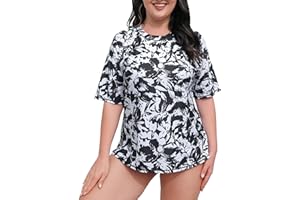Halcurt Women's Plus Size Short Sleeve Rash Guard Swimsuit Top with Built in Bra Swim Shirt UPF50+ Bathing Suit