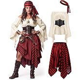 Shihanee Women Pirate Costume Outfits Renaissance Halloween | Includes Blouse Top Corset Waist Belt Pirate Skirt Stripes Headscarf Medieval Accessories for Halloween Costume Cosplay