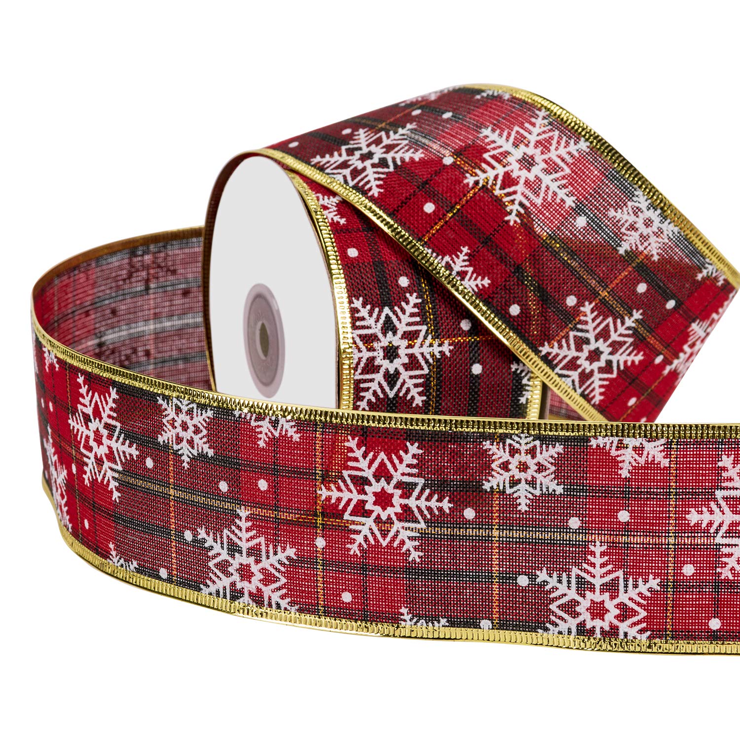 RUSPEPA Wired Christmas Holiday Ribbon - Red and Green Plaid Burlap Ribbon with White Snowflake Design - 63 mm x 22 m Each Roll - Gold Wired Edge