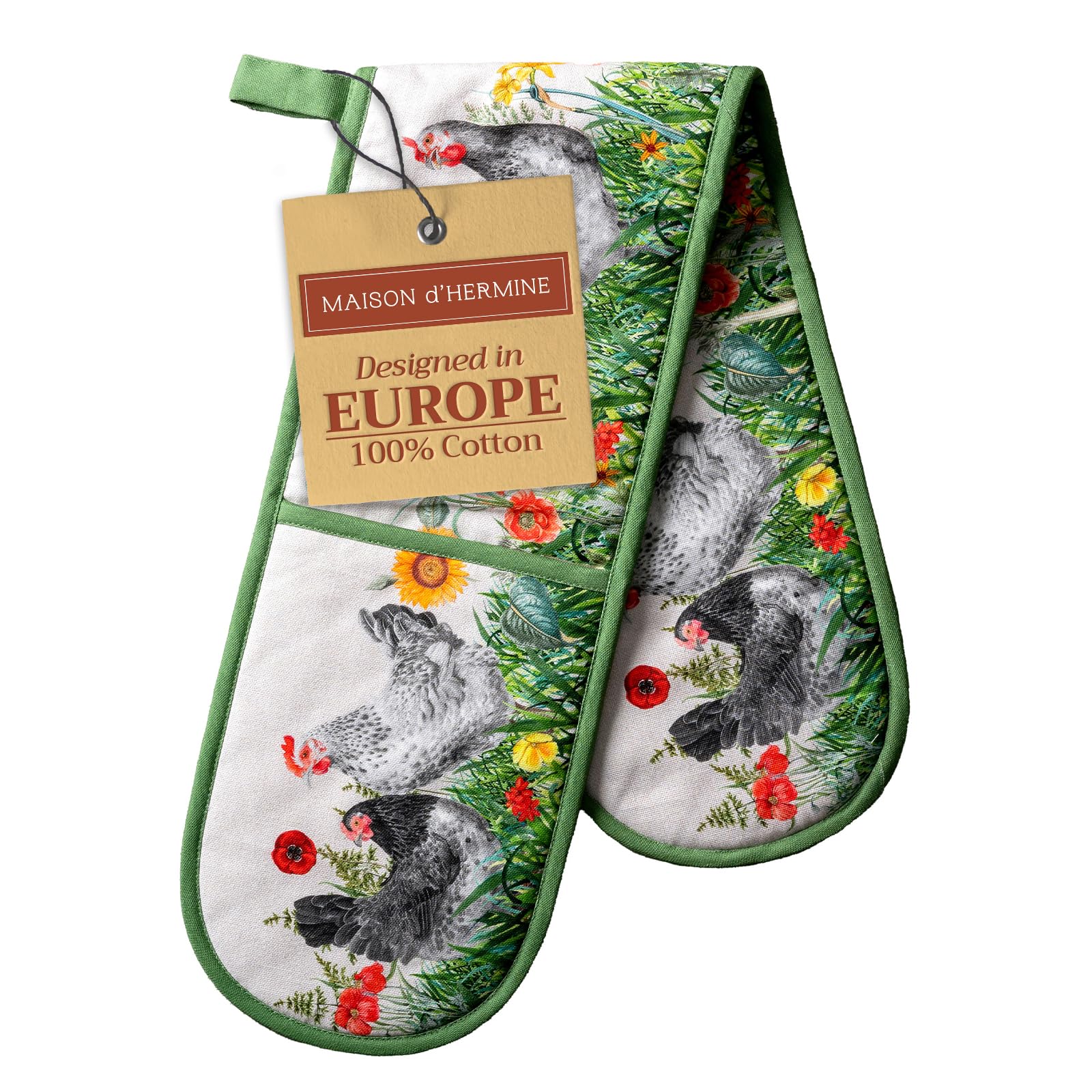 Maison d' Hermine Double Oven Mitts 100% Cotton 18 cm x 89 cm Double Oven Mitt Heat Resistant BBQ Cooking Gloves with Loop Baking Grilling Handling Hot Pans Gifts for Mothers Day (Basse Cour)