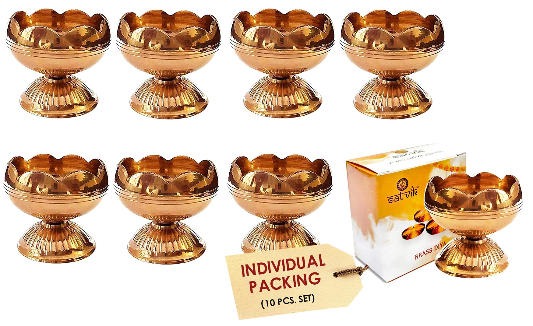 SATVIK 10Pc Brass Diya (Big) for Diwali Decoration Handmade Oil Lamp with Golden Engraved Virgin Brass Metal Diwali Diya Vilakku for Puja Pooja Traditional Indian Deepawali Return Gift Items Bulk