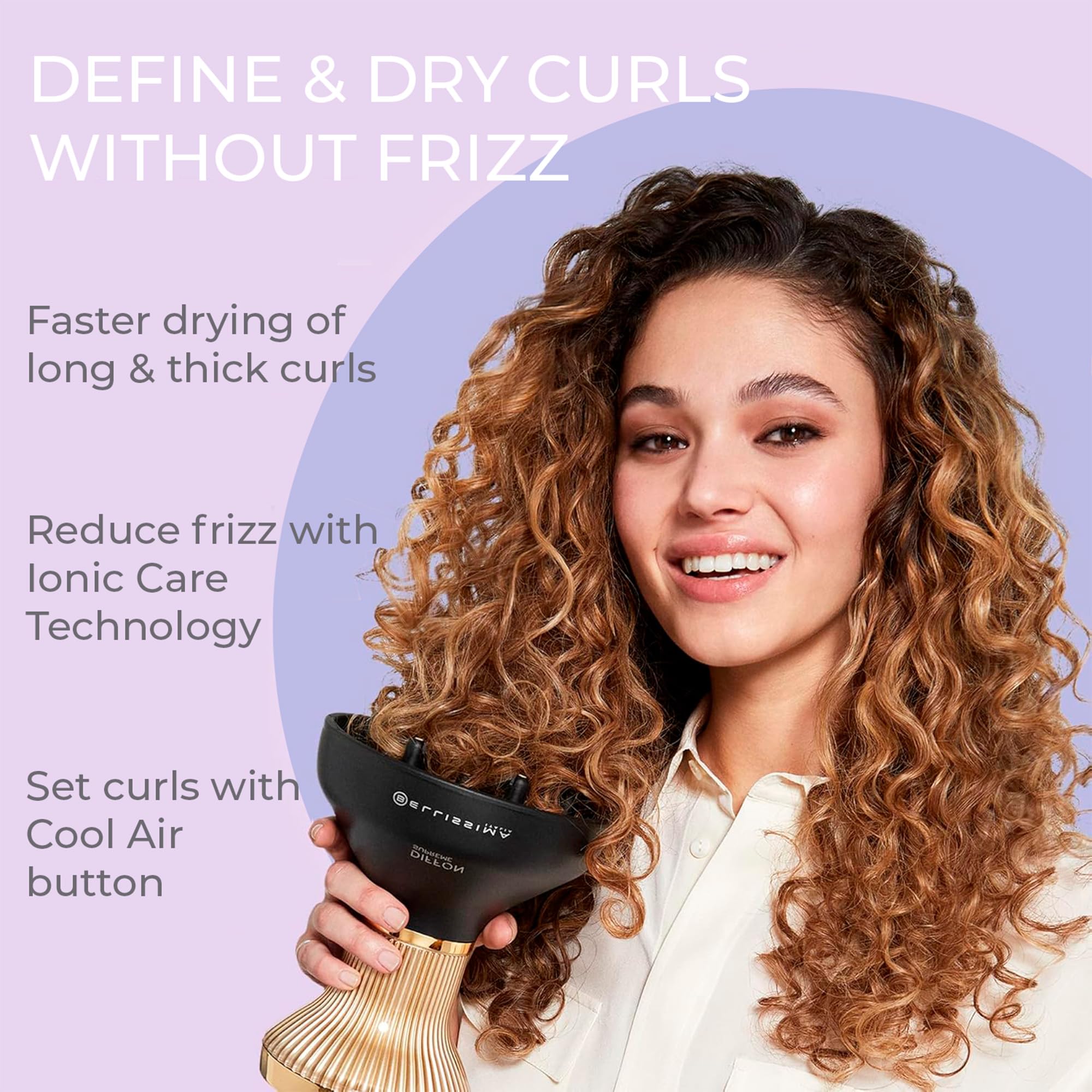 Bellissima Italia Diffon Supreme Diffuser & Curly Hair Dryer - XL Diffuser for Long Waves, Curls, Coils - Cool Button - Anti-Frizz Technology