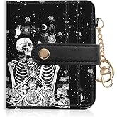 DATOUCAT Women Wallet, RFID Blocking Bifold PU Leather Wallet, Small Slim Compact Purse with Clear ID Window & Zipper Coin Pocket, Credit Card Holder for Ladies,1 ID window 8 Card Slots,skull