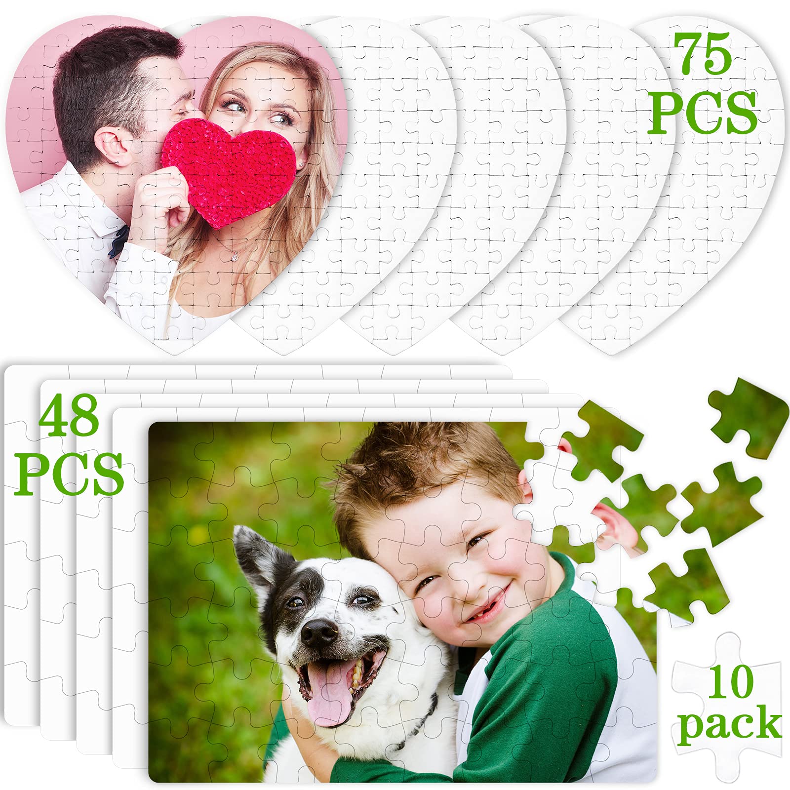 Photo 1 of Sumind 10 Sets Blank Sublimation Puzzle Jigsaw Rectangle Make Your Own Heart Shaped White DIY Press Thermal Transfer Puzzle Gift for Summer Office(A5-48 Rectangle and 75-Heart Shaped)
