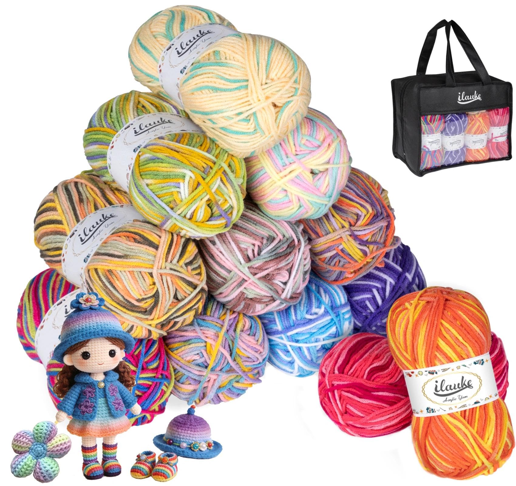 ilauke 600G (50Gx12) Wool for Crochet, Double Knitting Wool, Soft and Warm Dk Yarn, Multicoloured Acrylic Yarn, Weaving, DIY Craft Projects, Blankets, Bags