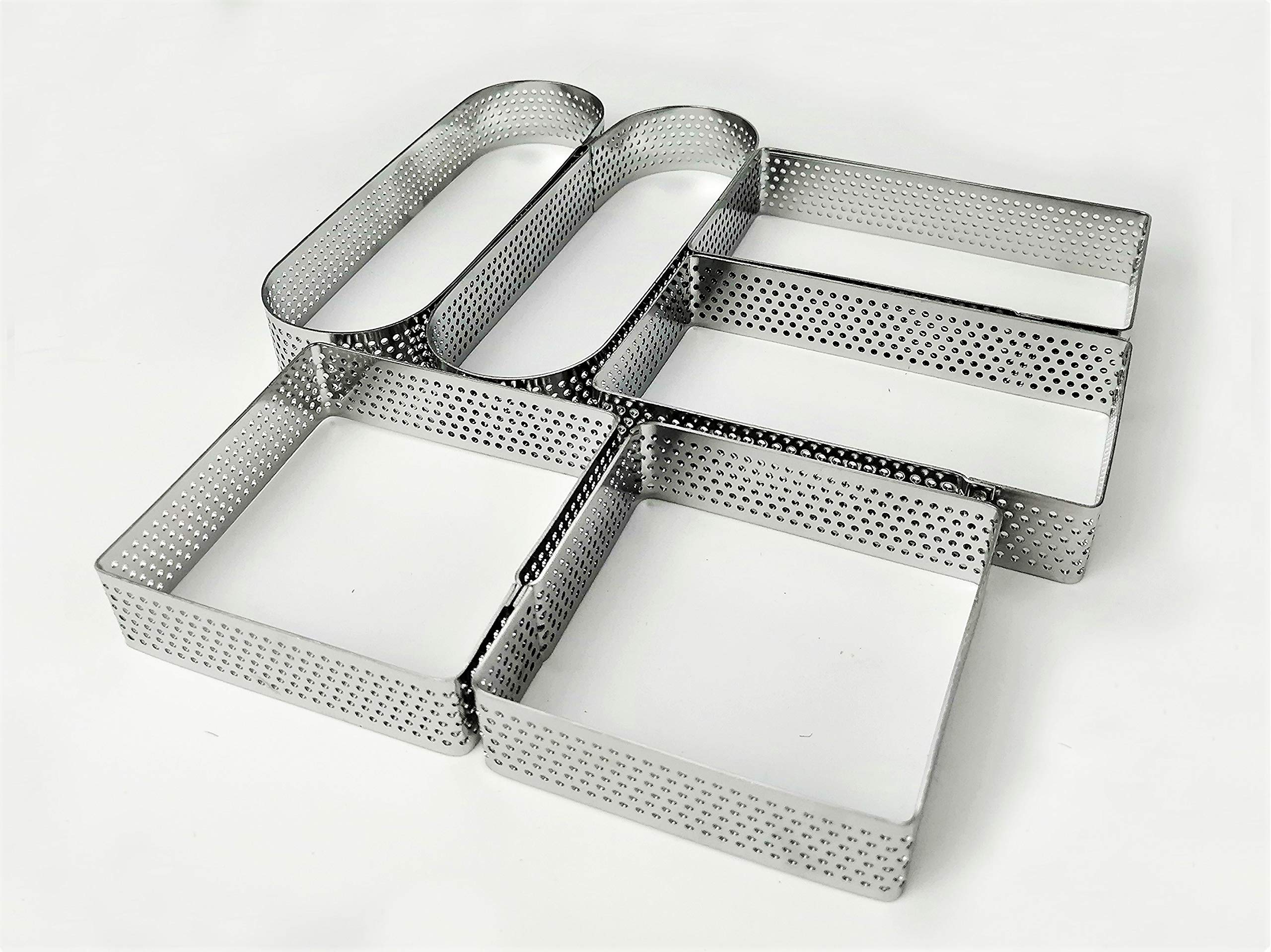 NewlineNY Stainless Steel 6 Pcs Perforated Oval, Rectangular, Square Tart Pastries Rings Molding Plating: 2 of Each (5" x 1.5") + (4" x 1.5") + (2.8" Square) x (0.8" H) Sizes