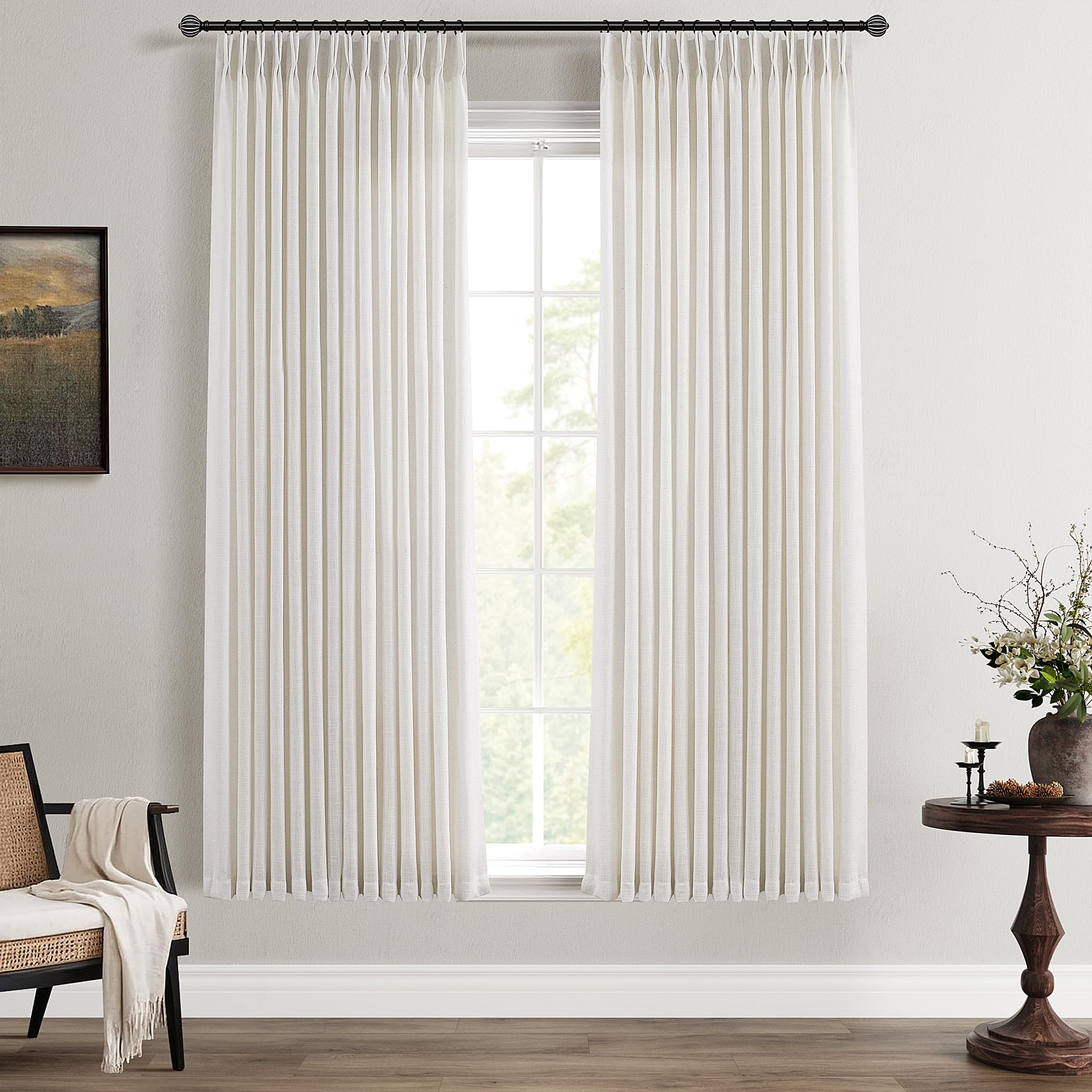 Photo 1 of Natural Pinch Pleated Semi Sheer Curtains 63 Inch Length 2 Panels for Small Windows Privacy Light Filtering Linen Curtains Cream Beige Neutral Boho Memory Shape Trained Window Drapes with Hooks