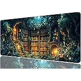 Enchanted Library Desk Mat Magical Books Fantasy World Forest Extended Gaming Mouse Pad Mat with Stitched Edge Non-Slip Base Big Mouse Pad Office Computer Keyboard Laptop Home, 31.5x11.8 Inch