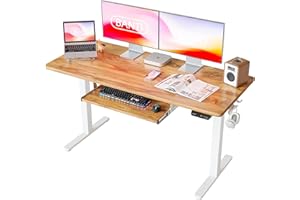 BANTI 55" x 24" Height Adjustable Electric Standing Desk with Keyboard Tray, Sit Stand up Desk with Splice Board, White Frame/Light Rustic Brown Top
