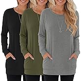Oakgarden 3 Pack Women's Casual Long Sleeve Tops Crew Neck Pullover Tunic Tees for Leggings Loose Sweatshirts with Pockets