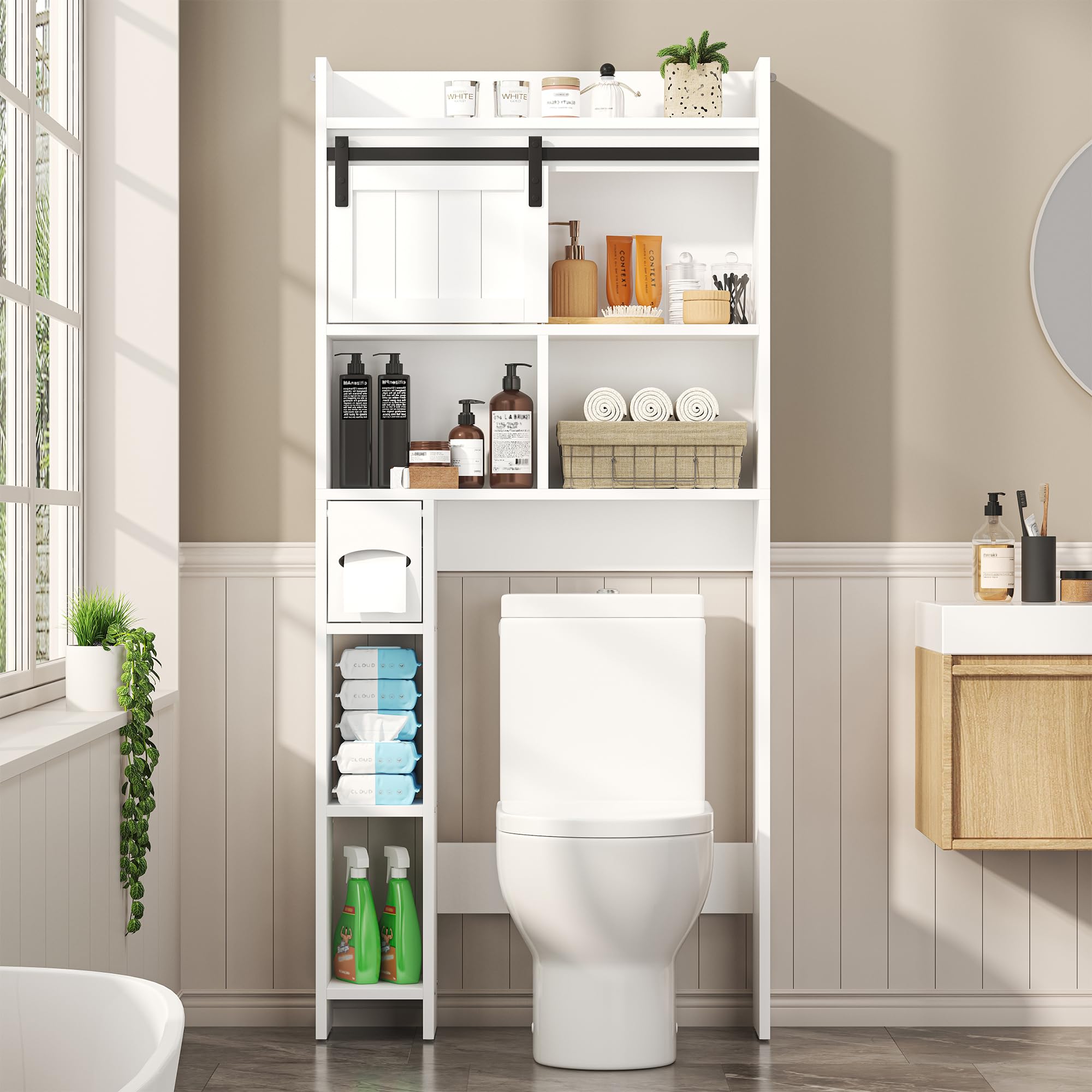 Photo 1 of ***MAYBE PARTS ONLY***
Nosepen White Over The Toilet Storage Cabinet, Above Toilet Shelf with Sliding Door & Toilet Paper Holder Stand, Behind Toilet Bathroom Organizer with Side Storage Rack for Bathroom, Restroom, White