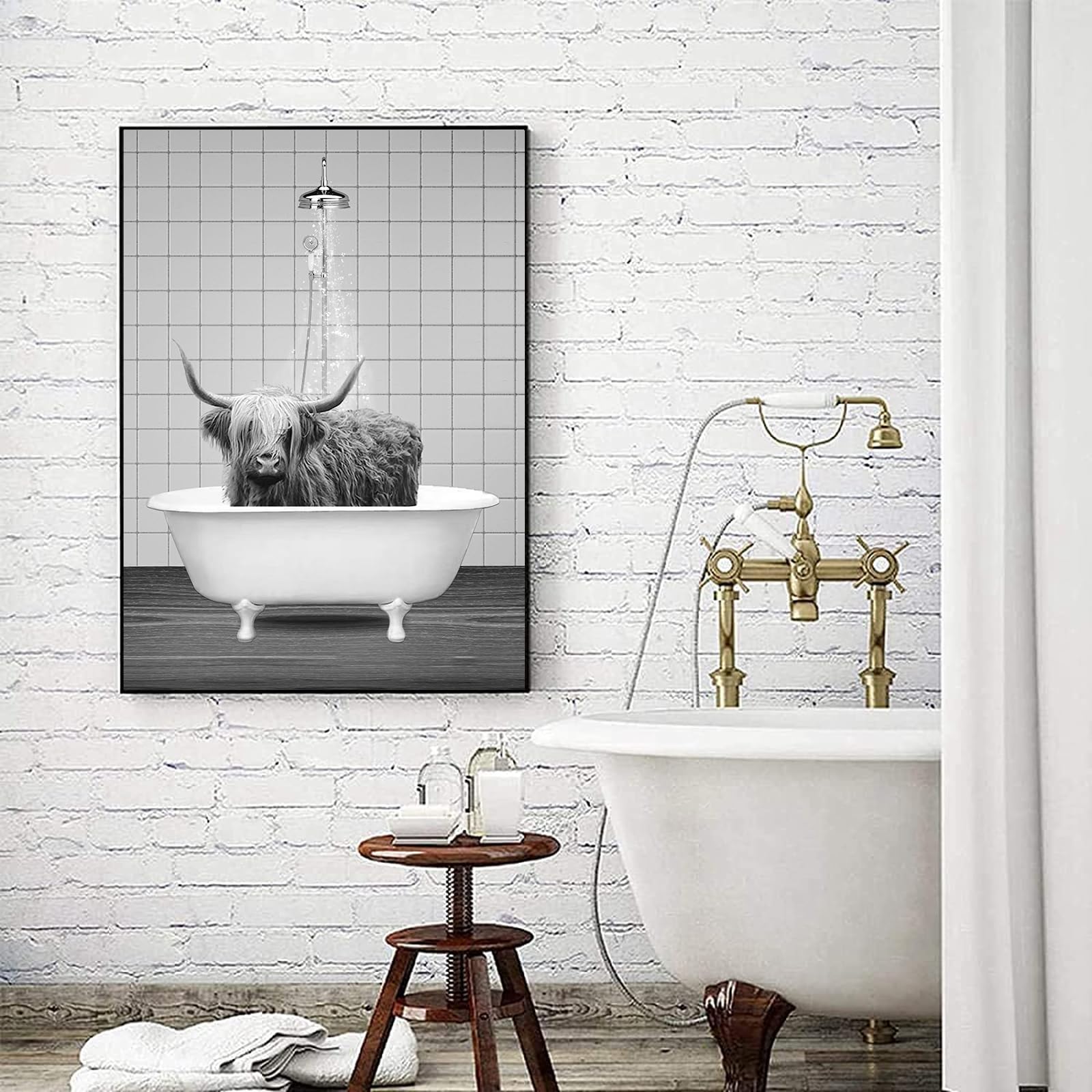 LYBOHO Black White Scottish Highland Cow Bathroom Pictures Funny Animal in the Bathtub Canvas Pictures for Living Room Bathroom Bedroom Decorative Frameless (1 Piece, 30 cm x 40 cm, GDN2)