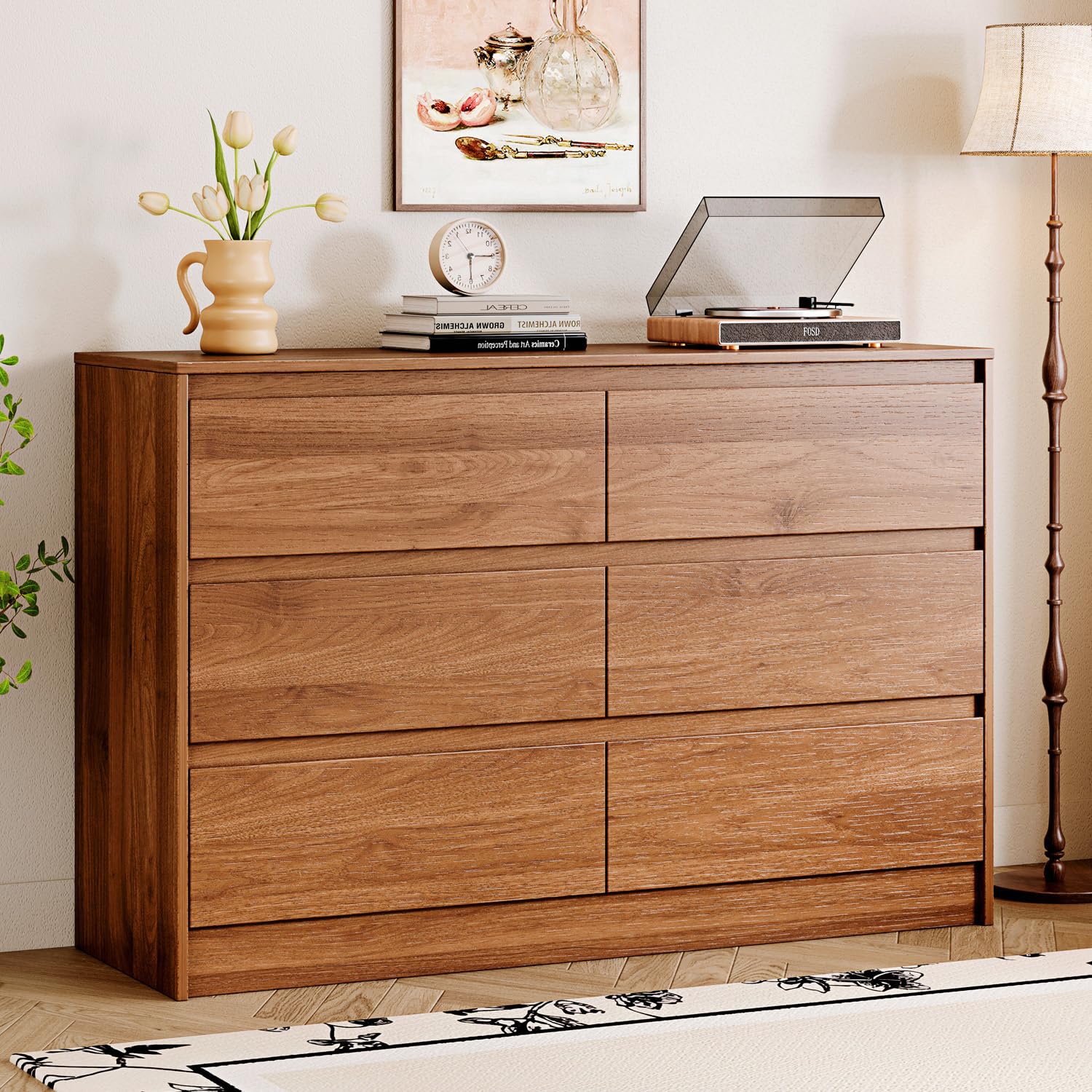 Photo 1 of Chrangmay 6 Drawer Dresser,47" Wide Mid Century Chest of Drawers,Wooden Bedroom Drawer Dresser with 6 Storage Drawers for Bedroom,Living Room,with Anti-Tipping Device, Brown