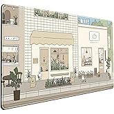 Cute Desk Mat Kawaii Mousepad Bunny and Bear Cute Anime Japanese Street Pastel Beige Brown and Green Mouse Pad, Extra Large Deskmat Cut Laptop Pad