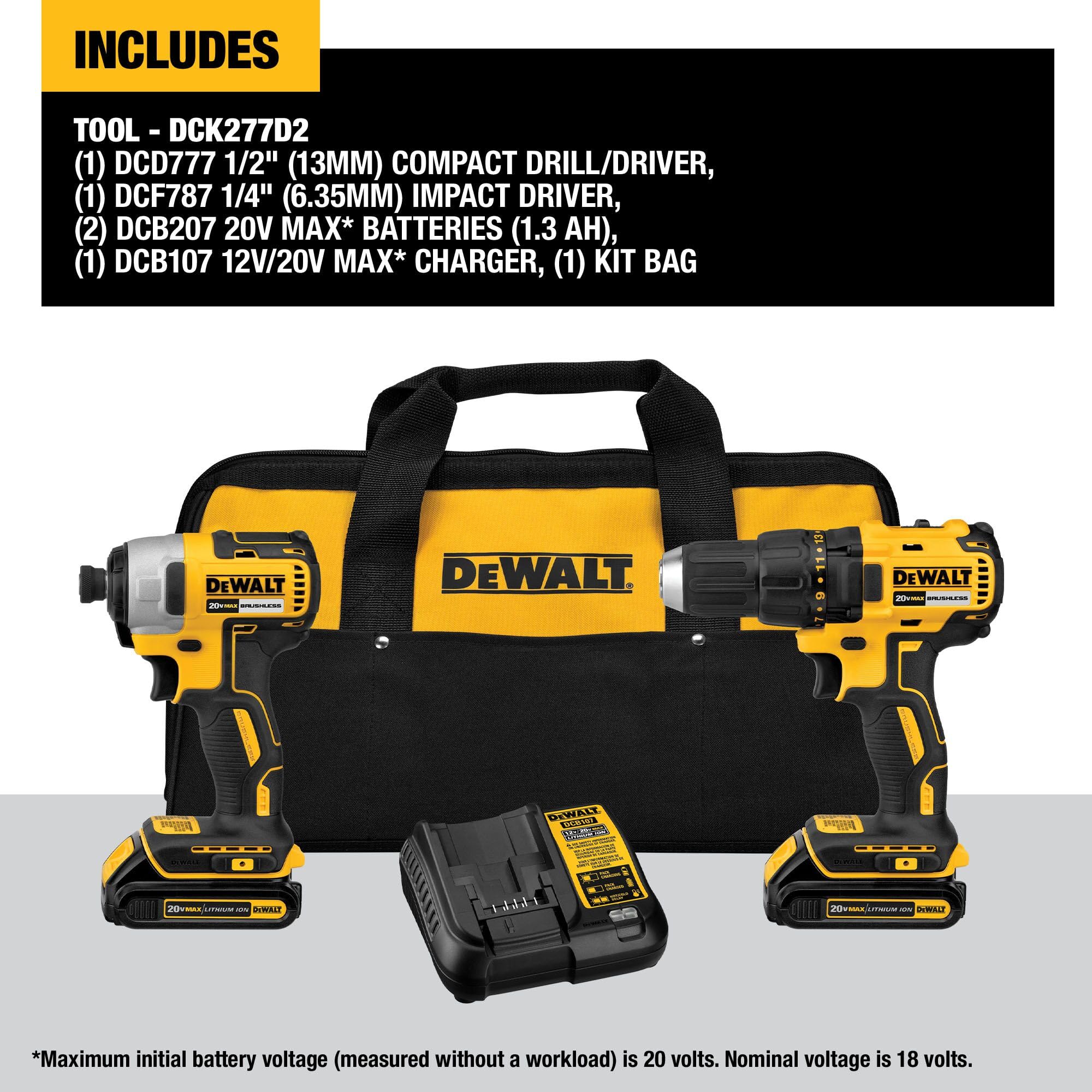 DEWALT 20V MAX Cordless Drill, Impact Driver, 2-Tool Power Tool Combo Kit, Brushless Power Tool Set with 2 Batteries and Charger Included (DCK277D2)
