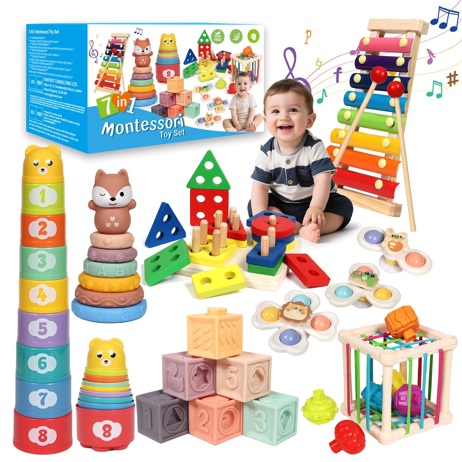 LearnToy Baby Toys 18-36 Months, Montessori 7-in-1 Activity Set - Stacking Blocks, Infant Teething Toy & Sensory Bin, Baby Boys & Girls Gifts